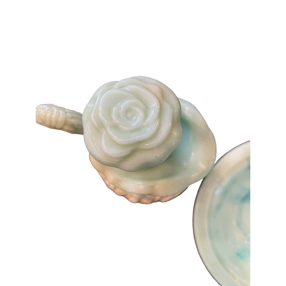 VINTAGE AVON AQUA BLUE GREEN MINI BOWL AND PITCHER SET JADITE  GLASS ROSES - Picture 4 of 10